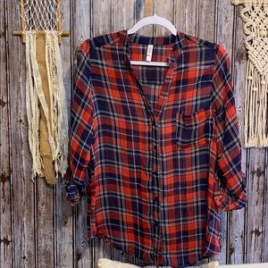 Ladies Sheer red and blue plaid button up shirt